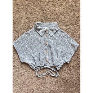 Zara Textured Stripe Crop Button Down Top in Blue/White Size XS